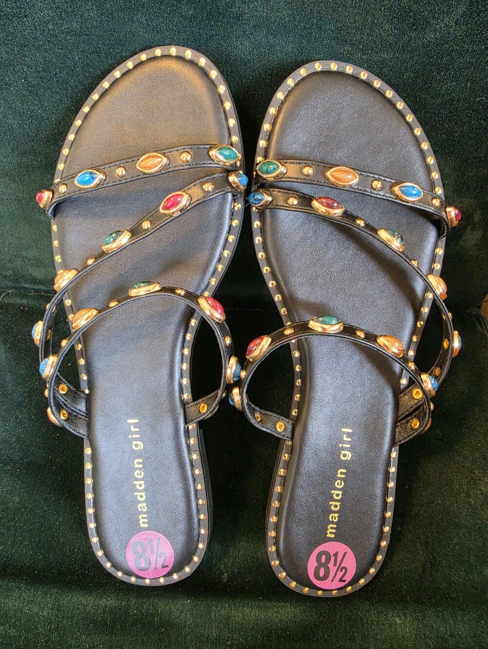 NEW Madden Girl Black Slide Sandals with Multicolor Gem Accents 8.5